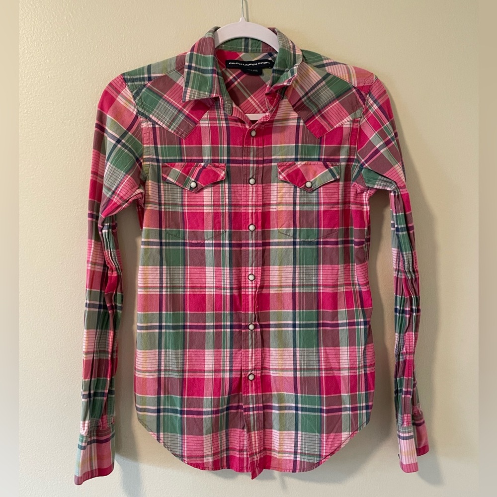 Ralph Lauren Sport Pink Plaid Snap Button Blouse
